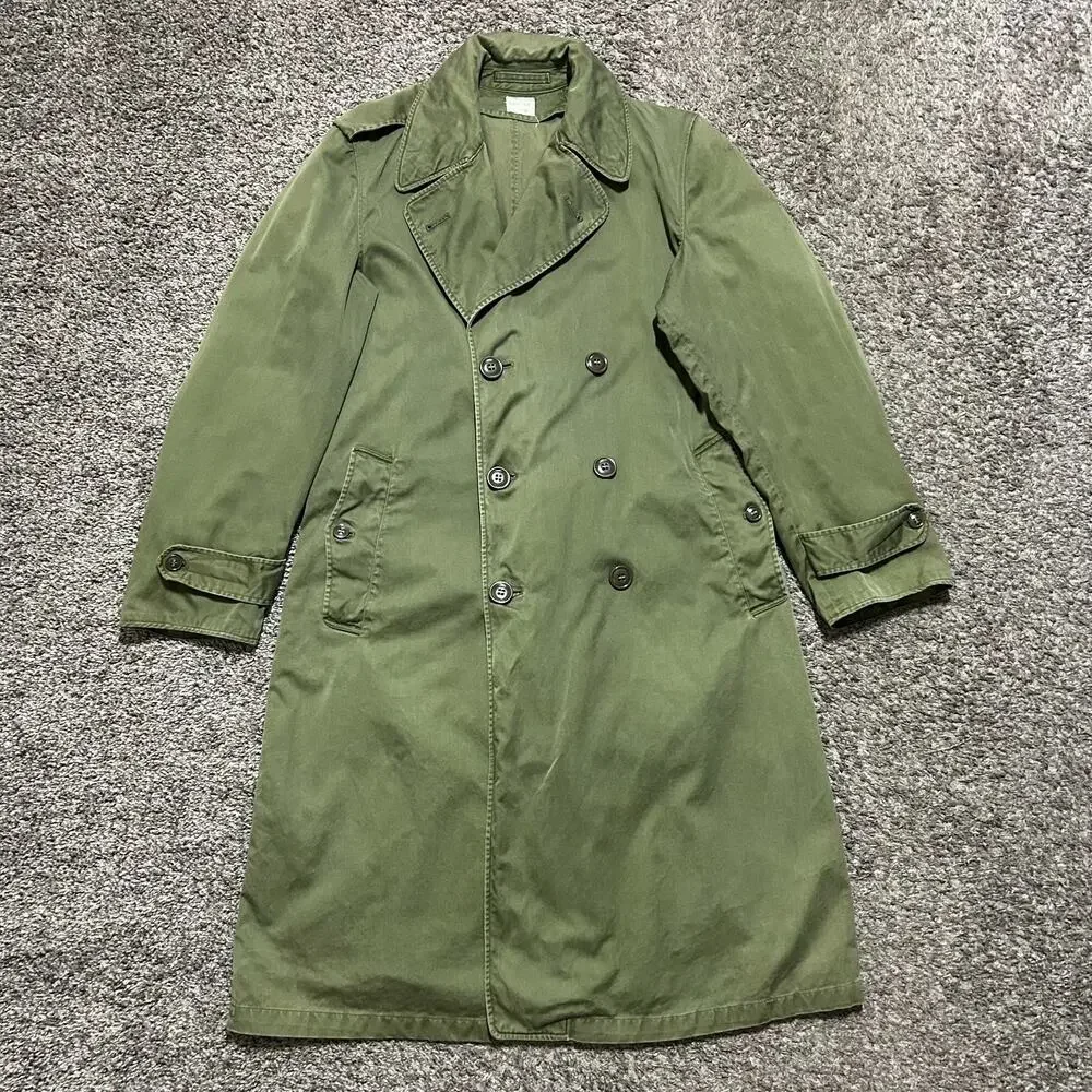 Vintage 60s Military Jacket Army Green Trench Coat Olive Canvas US Army Overcoat